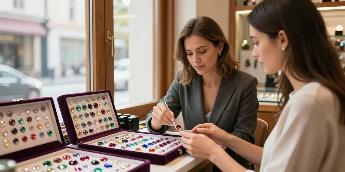 Shop for quality gemstones at https://www.mygemspot.com with a friendly merchant displaying sparkling gems in an inviting atmosphere.