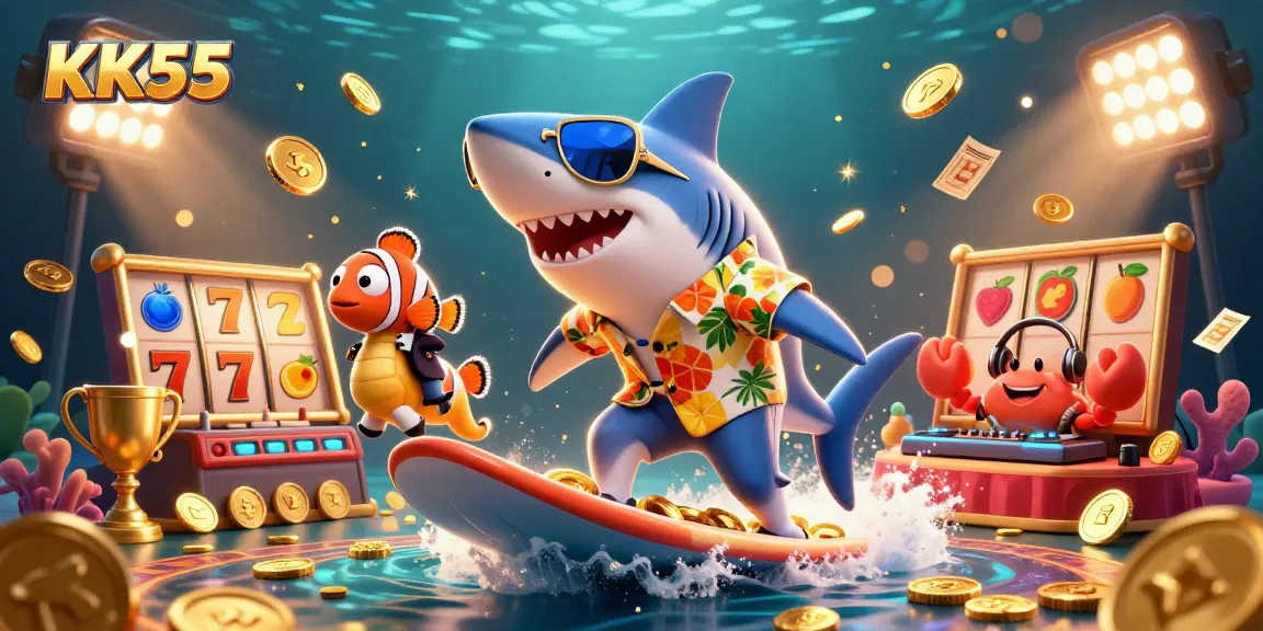 Spin the reels with KK55's exciting slots, featuring vibrant characters and dynamic casino elements.