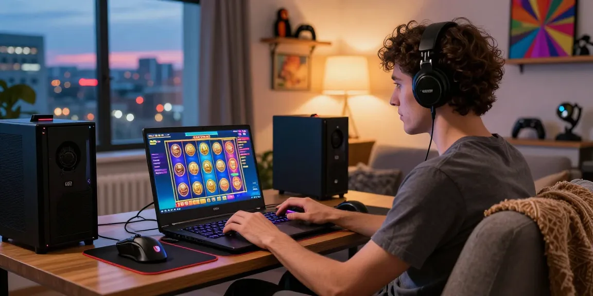 User engaging with colorful slot deposit 1000 game on laptop in cozy gaming room.