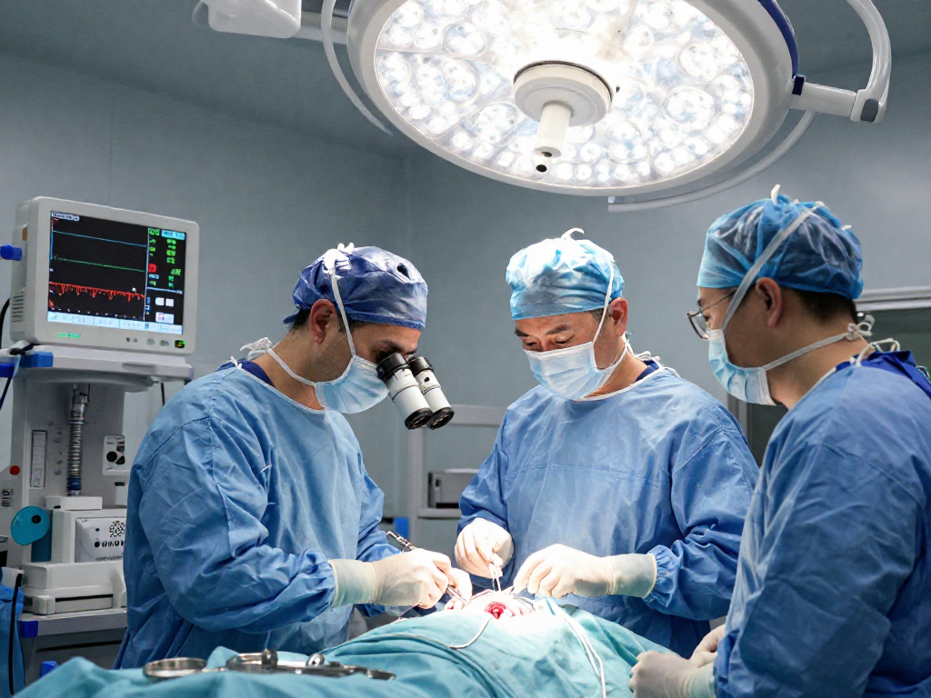 beyin tümörü ameliyatı in a professional operating room, neurosurgeon performing intricate surgery with advanced instruments.