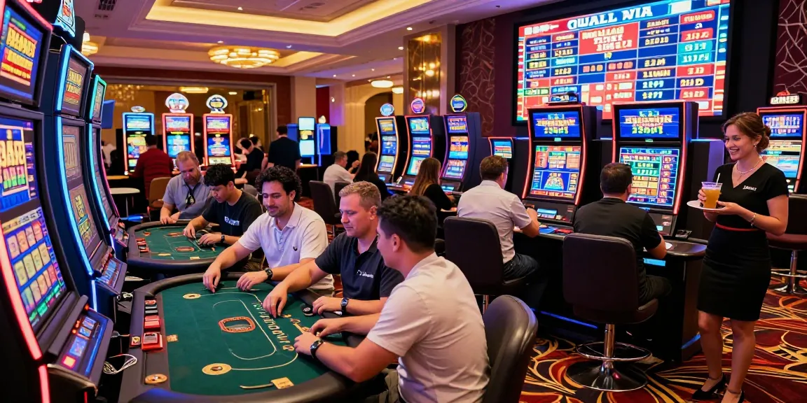 Dynamic casino scene highlighting players at slot machines and tables in excitement at casinos that accept credit cards.