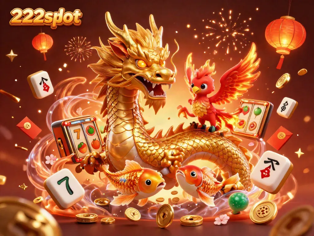 Permainan seru 222slot dengan naga emas dan burung phoenix yang dinamis dalam dunia kasino.