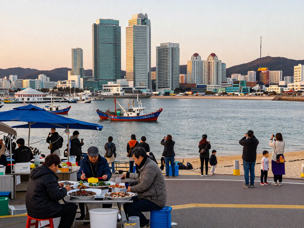 울산OP의 해안 도시 풍경과 해물 요리 시장에서 즐거운 주민들 모습