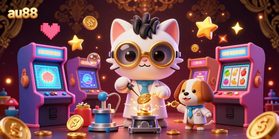 Win big with au88 in this vibrant scene showcasing animated casino elements, a mad scientist cat, and lots of fun!