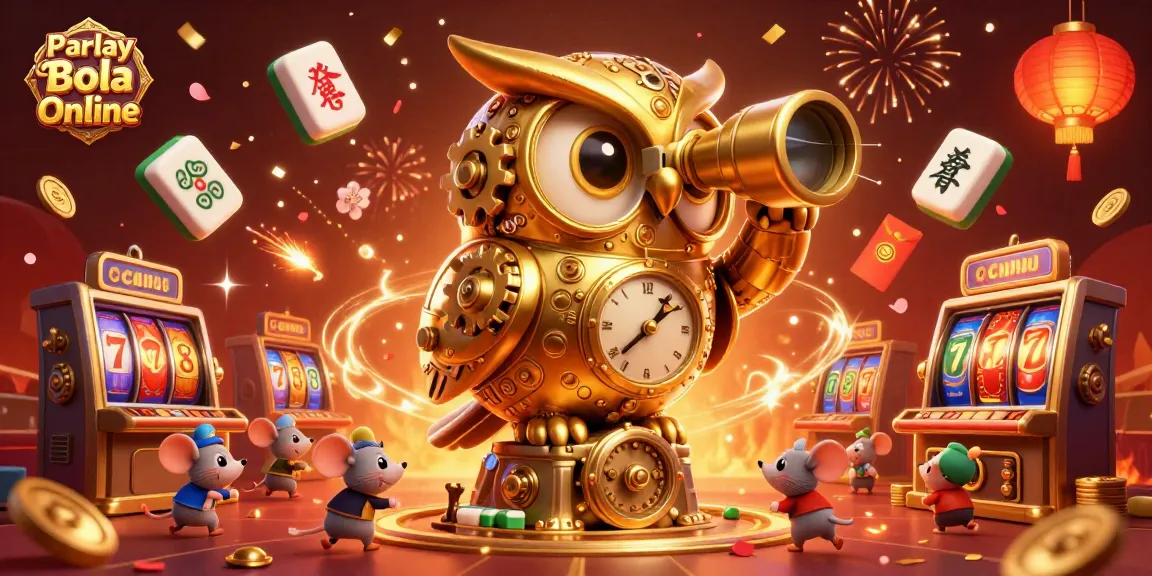 Experience Parlay Bola Online with a vibrant 3D illustration of a clockwork owl and casino elements.