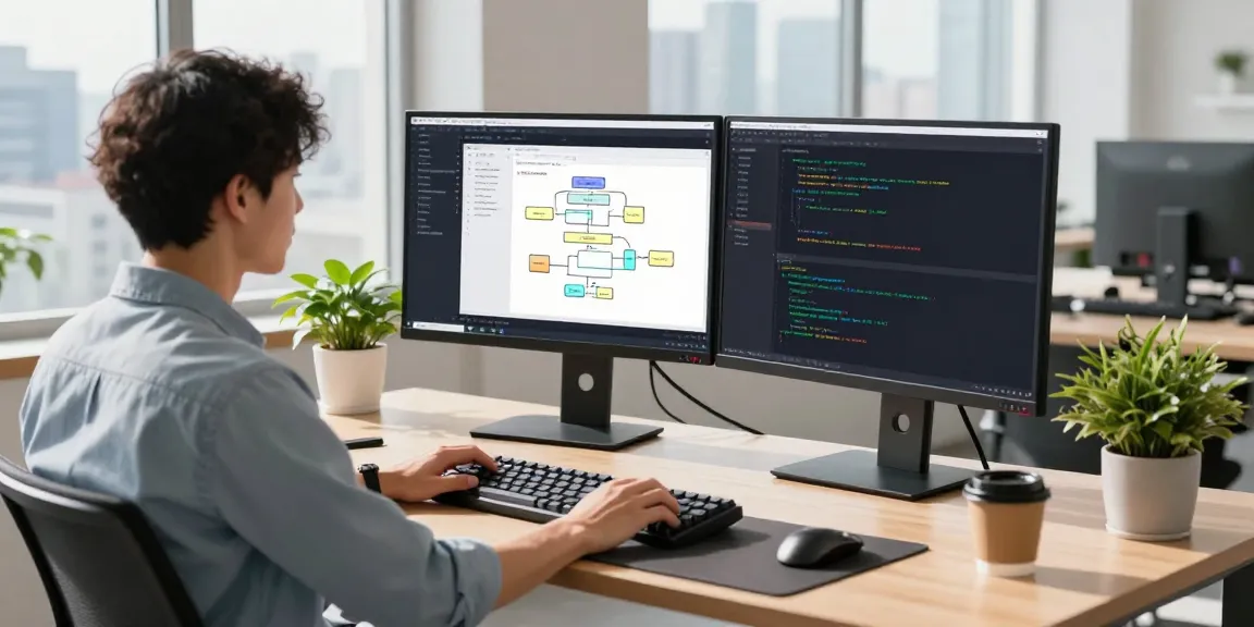 Developer optimizing 快连 software at a modern tech workspace with dual monitors and a vibrant atmosphere.