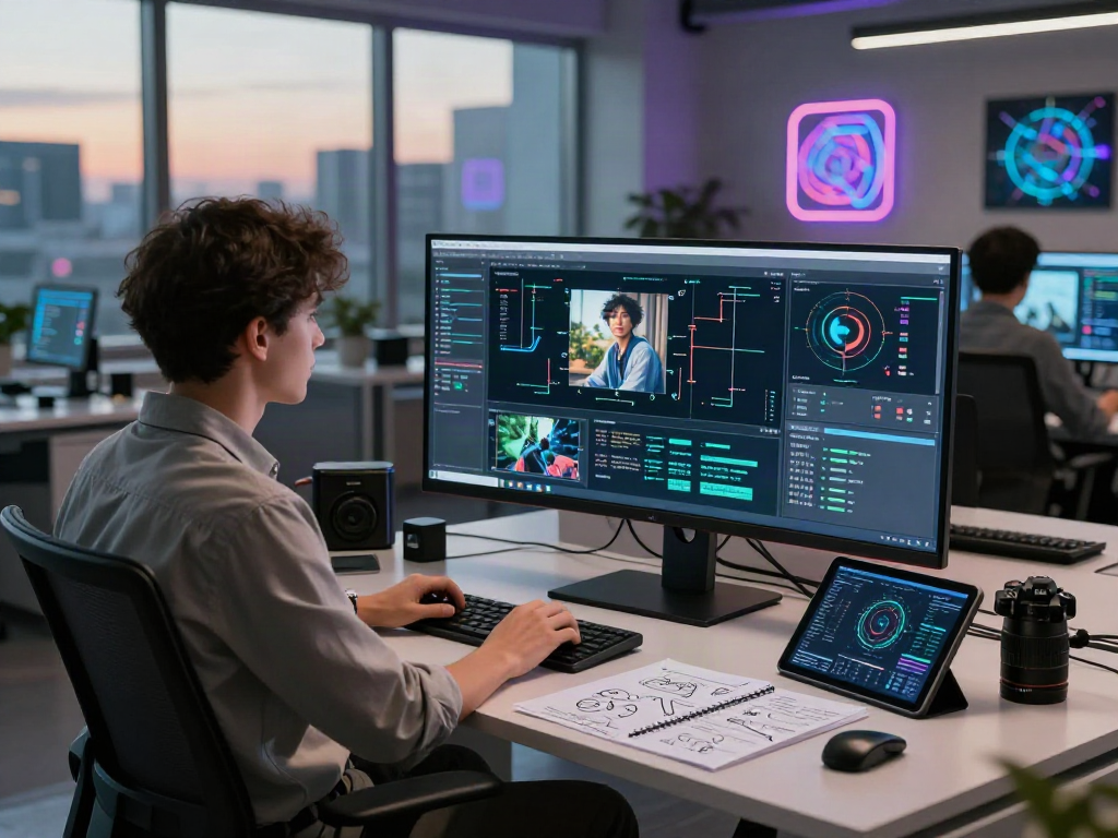 AI Image Detector analyzing AI-generated visuals in a modern tech office setting, with screens displaying detection algorithms and real-time data.