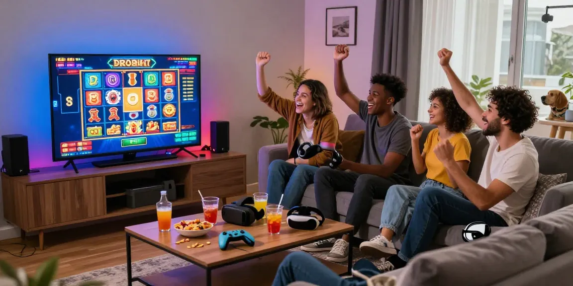 Exciting slot depo 5k gaming atmosphere with friends celebrating a jackpot, showcasing modern gaming setup.
