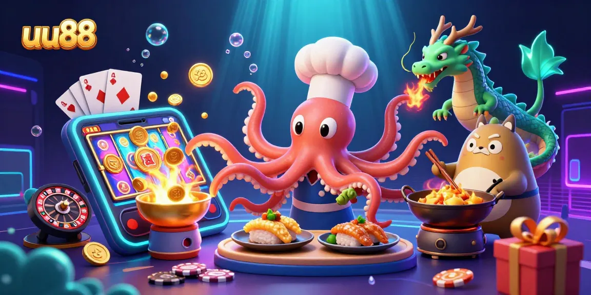 Experience thrilling slots at uu88 with a vibrant scene featuring a sushi chef octopus and a green dragon.