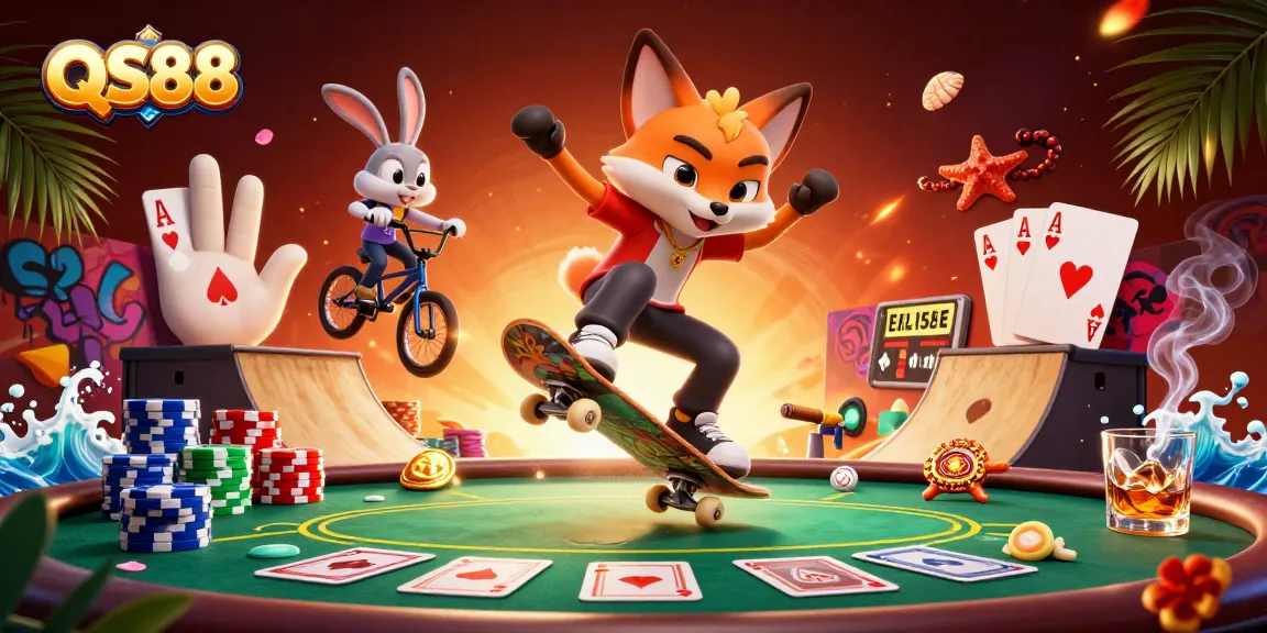 Engage with thrilling casino action at QS88 with a dynamic scene of a fox and rabbit amidst poker elements.