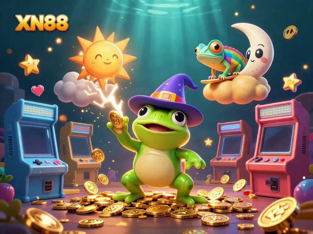 Experience XN88's magical world with vibrant characters creating a golden coin storm.