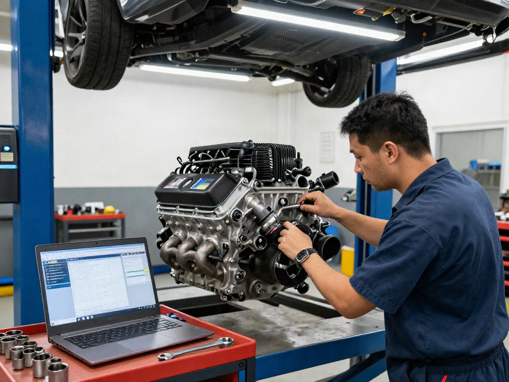 Hellcat motor for sale inspected in a professional automotive workshop highlighting engine components and tools.