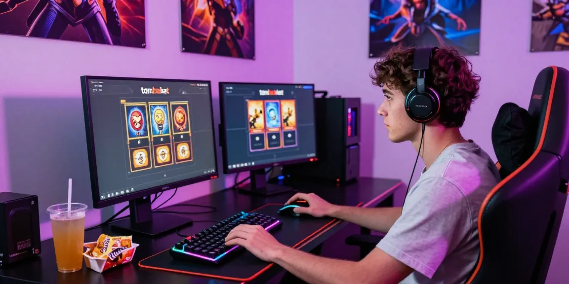Exciting tambakbet slot gaming scene with player focused on screen, showcasing modern gaming setup and vibrant atmosphere.