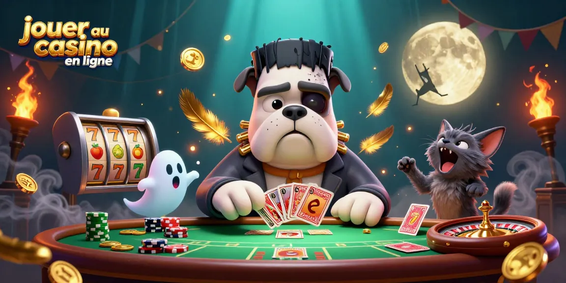 Jouez au casino en ligne avec une illustration colorée, mettant en scène un bulldog Frankenstein et des jeux de cartes.