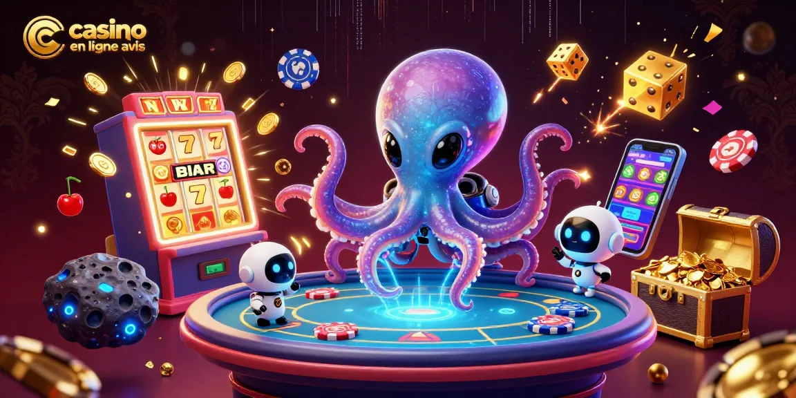 Évaluation de casino en ligne avis avec une illustration de jeu dynamique, incluant des éléments de machines à sous et de poker.