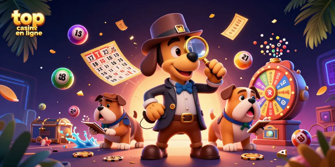 Jouez au top casino en ligne avec une illustration captivante de détectives et de jeux d'argent.