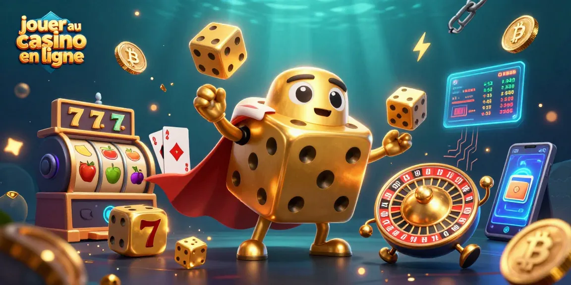 Jouer au casino en ligne avec des dés dorés et des éléments de machines à sous dans une illustration 3D dynamique.