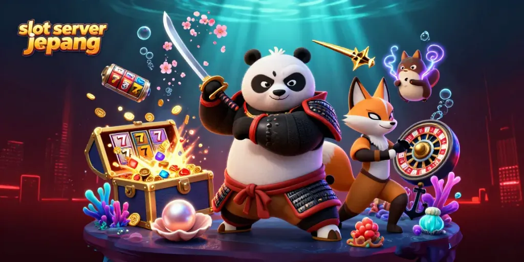 Ilustrasi server slot Jepang menampilkan panda samurai dan rubah ninja di tengah harta karun.