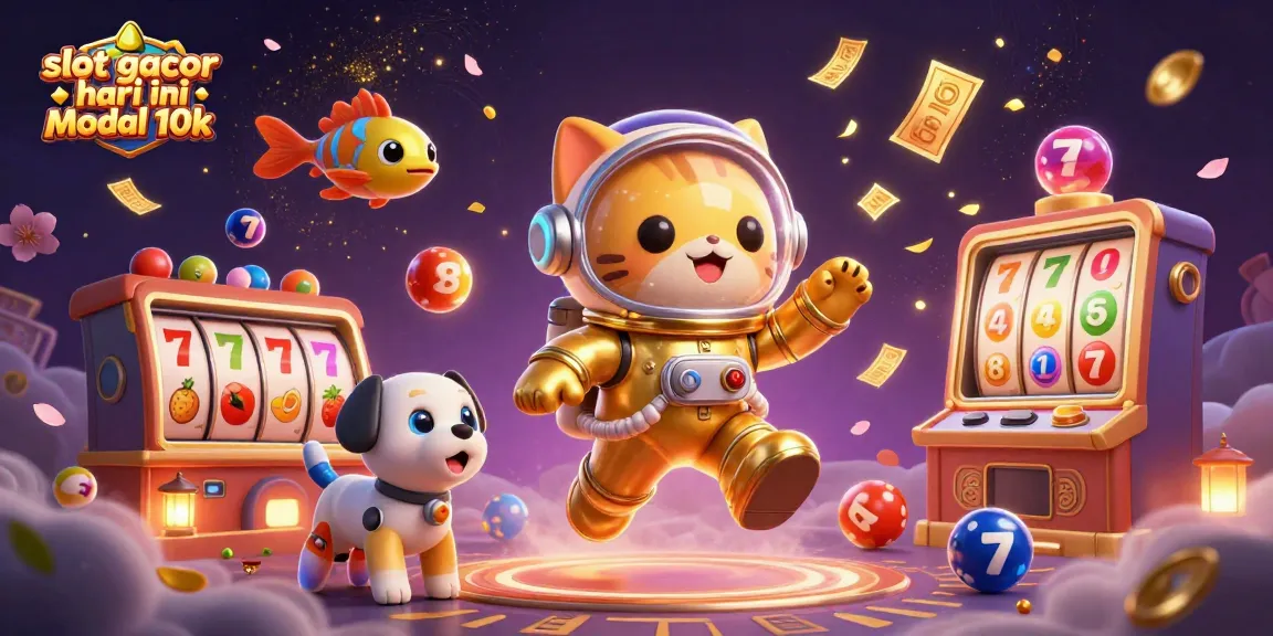 Engage with slot gacor hari ini modal 10k featuring a vibrant 3D illustration of a space cat, robot dog, and dynamic slot elements.