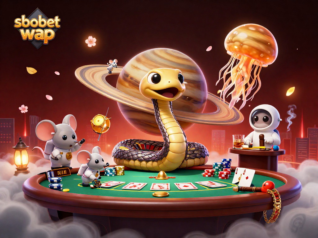 Engage in sbobet wap betting with a dynamic scene of a roulette wheel and astronaut mice making bets.