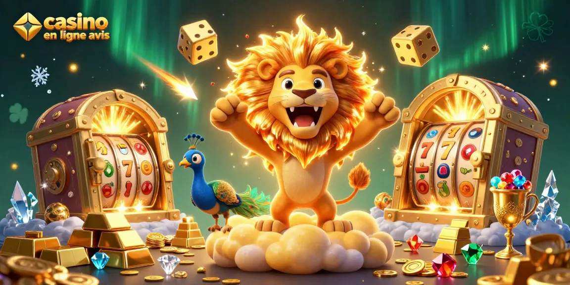 Jouer au casino en ligne avis avec un lion solaire et des trésors remplis de diamants et de symboles de chance.