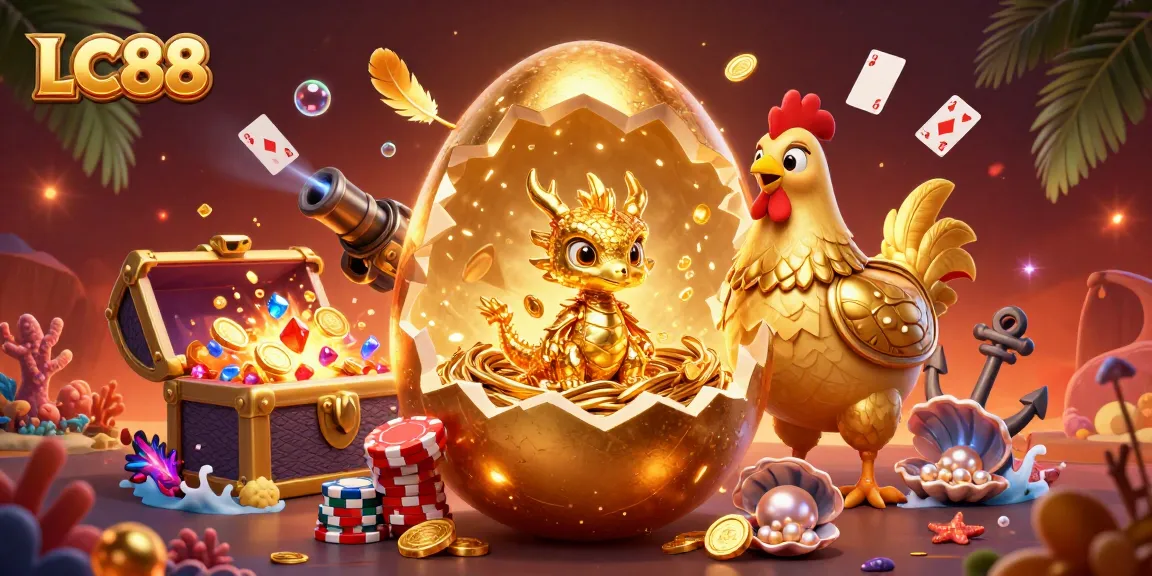 Engage with LC88's lavish golden dragon scene amidst poker chips and vibrant game elements.