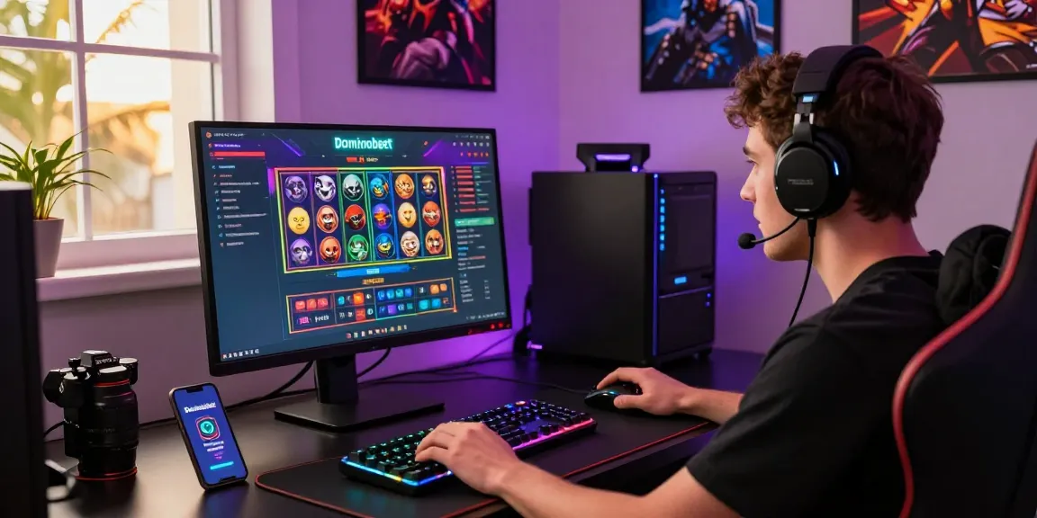 Exciting gaming setup highlighting Daftar Dominobet with vibrant interface, player engaged in online gaming.
