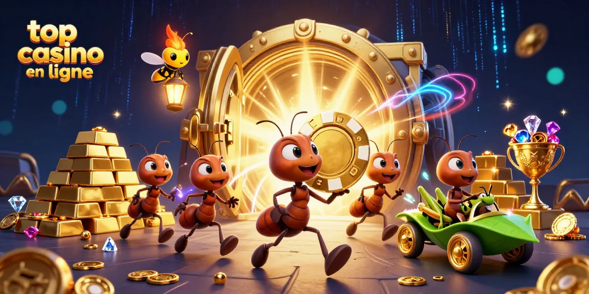 Meilleur casino en ligne : Les fourmis volent un jeton en or dans un tunnel illuminé.