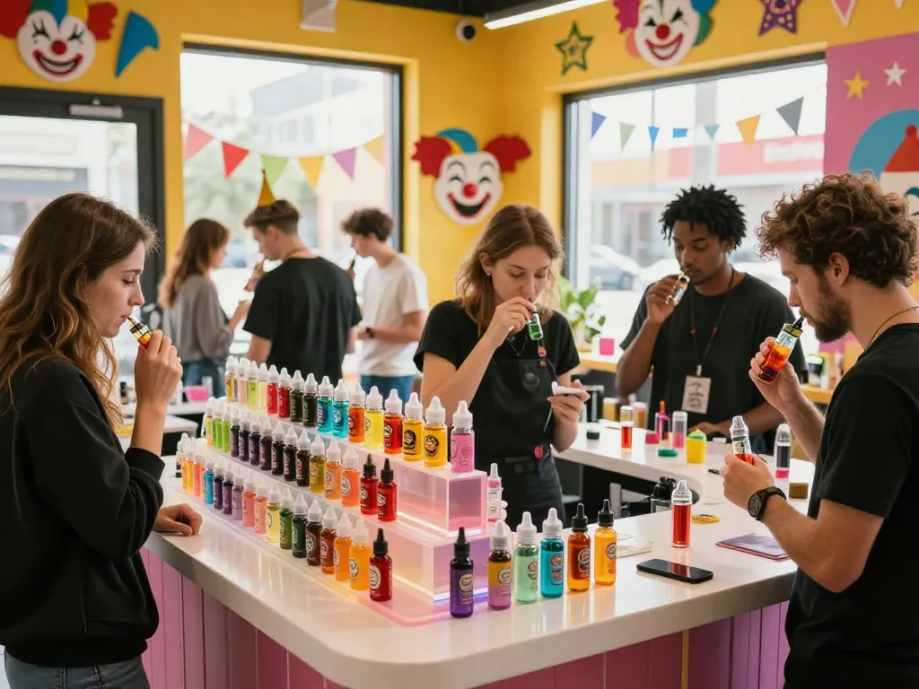 Vibrant vape shop showcasing clown vape juice and customers enjoying flavor sampling.