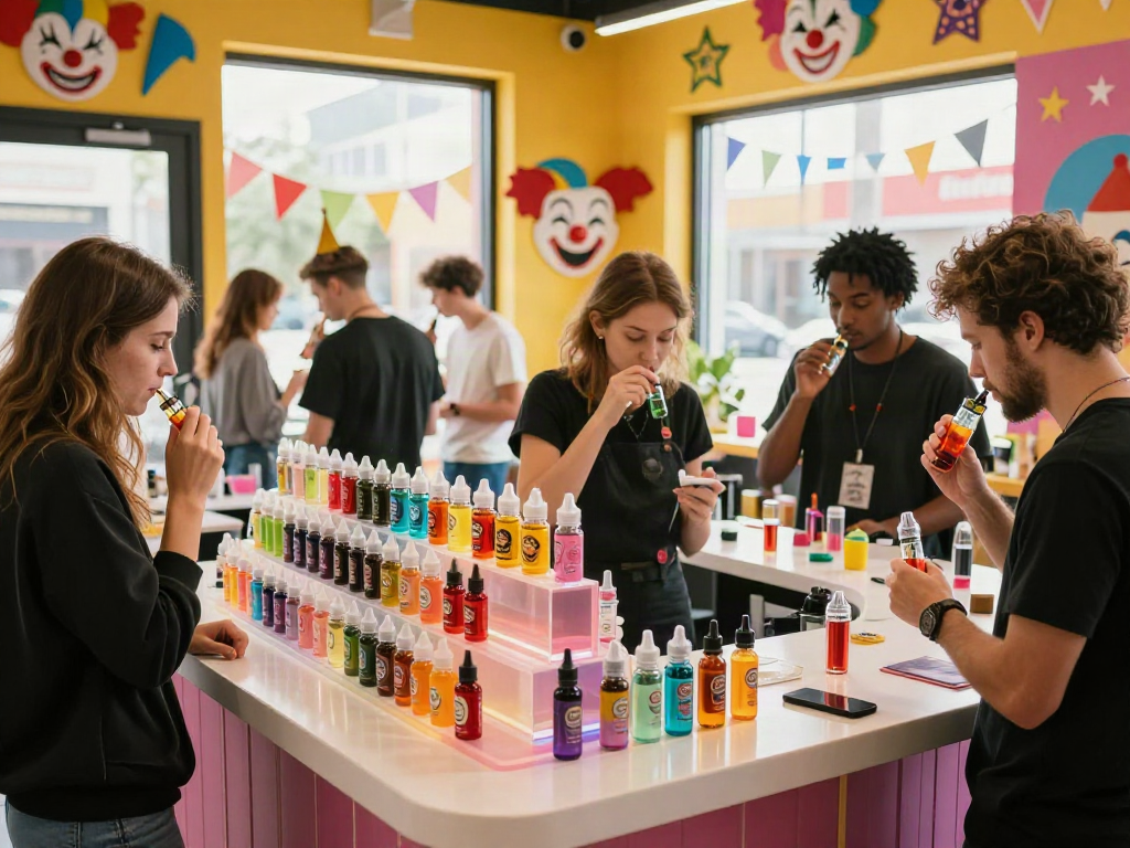 Vibrant vape shop showcasing clown vape juice and customers enjoying flavor sampling.