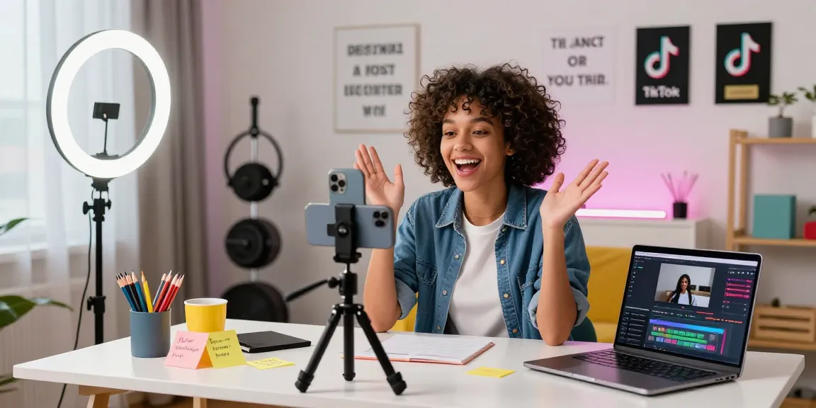 Engaging TikTok creator capturing content to buy TikTok live views in a vibrant home studio