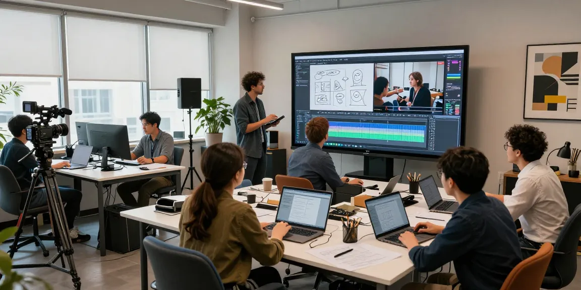 Dynamic collaboration in a video production company office, showcasing creative teamwork and advanced equipment.