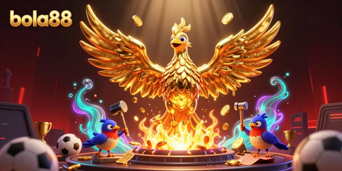 Place bets on bola88 with vibrant graphics showcasing sports elements and a dynamic phoenix character.