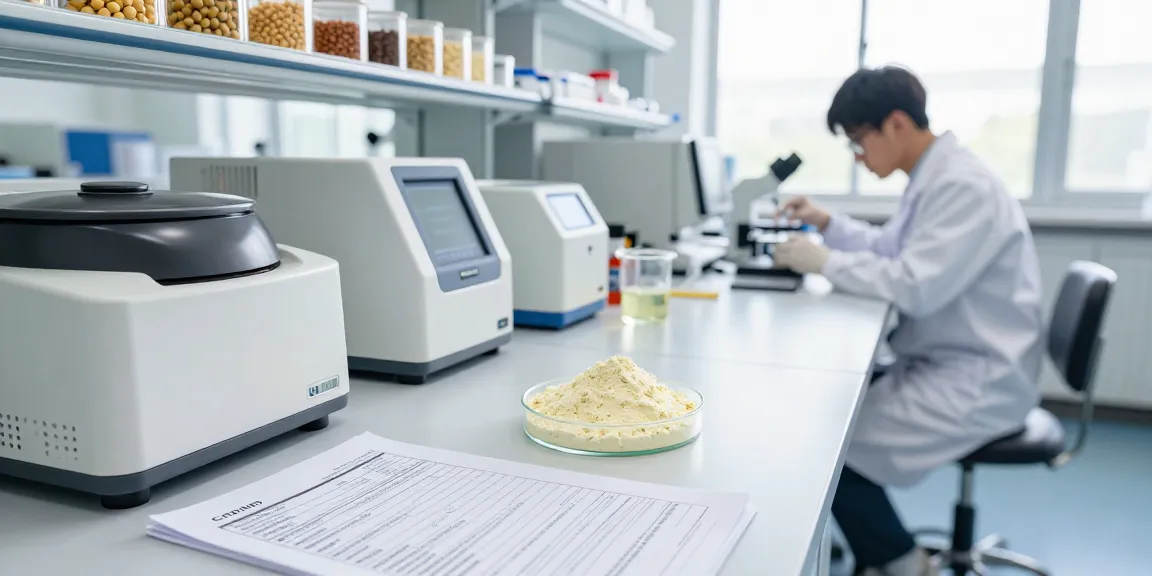 Phosphatidylserine powder production in a modern biotech lab with scientists and quality assurance elements.