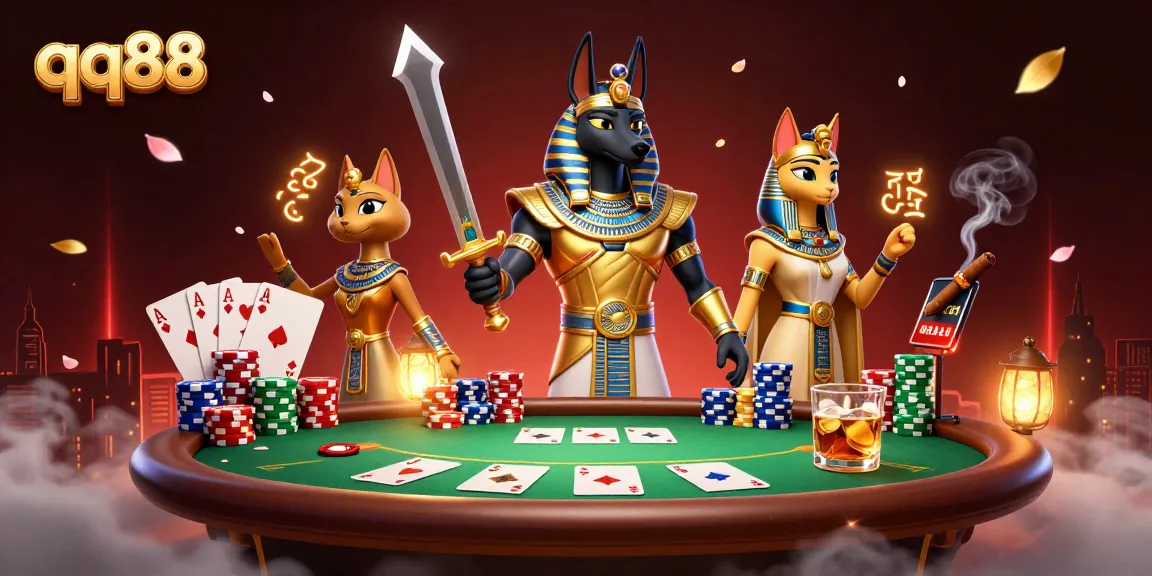 Experience thrilling gameplay at qq88 featuring Anubis and Bastet amidst poker chips and cards.