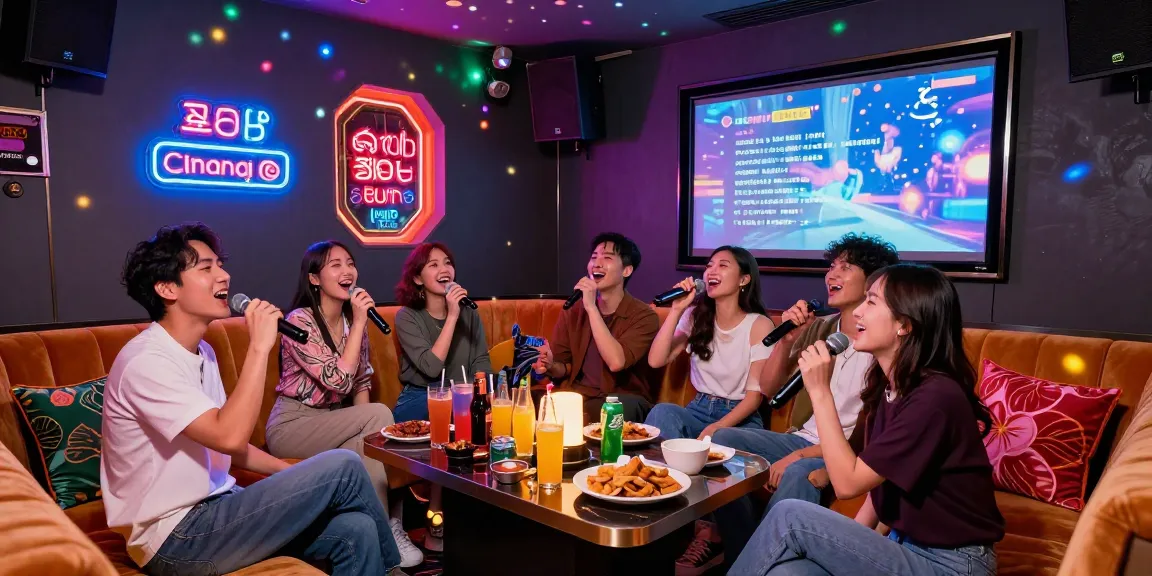 Karaoke room in Gangnam with friends singing joyfully, showcasing the lively atmosphere of 강남가라오케 and vibrant decor