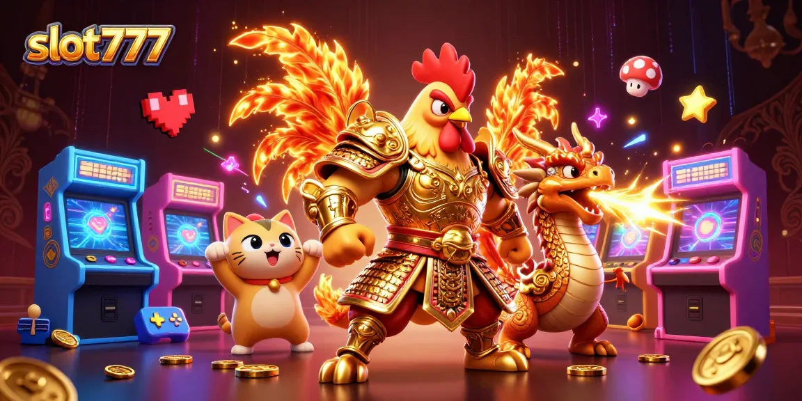 Spin the reels with slot777 featuring a golden armored chicken and dragon in a vibrant casino scene.