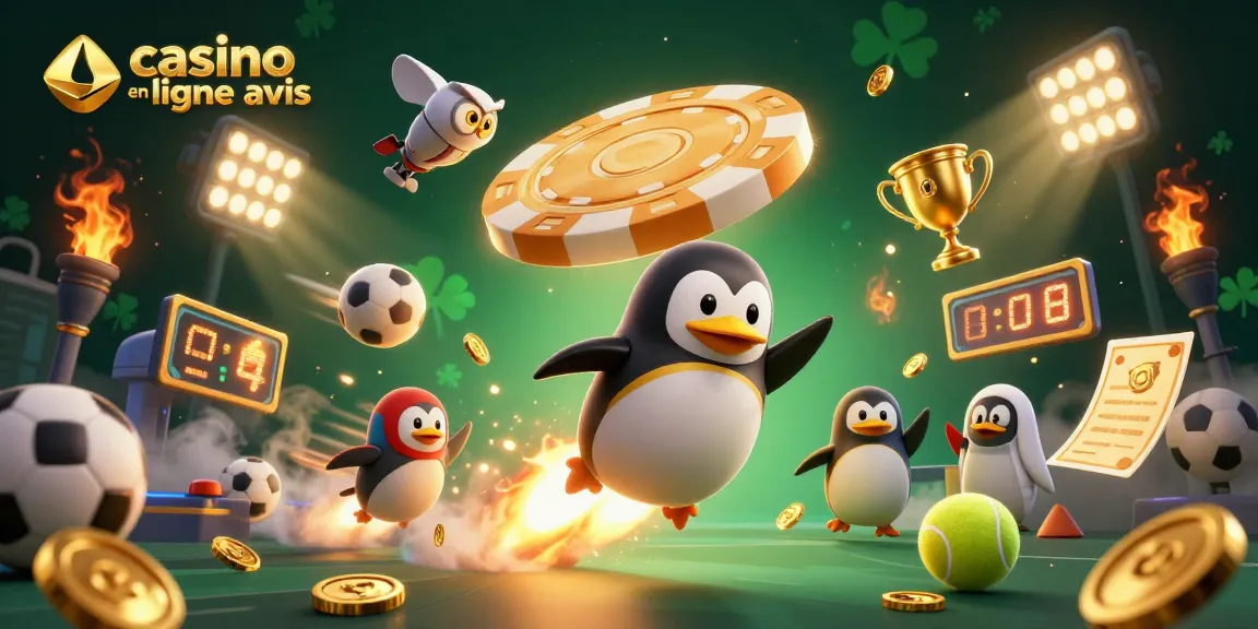 Casino en ligne avis : expérience dynamique en jouant avec un pingouin doré et des éléments de sport.