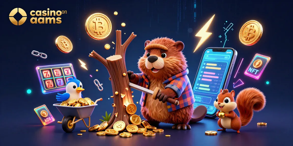 Scena coinvolgente che mostra personaggi di casinò non AAMS con monete che piovono, simboli di slot vibranti e motivi crypto.