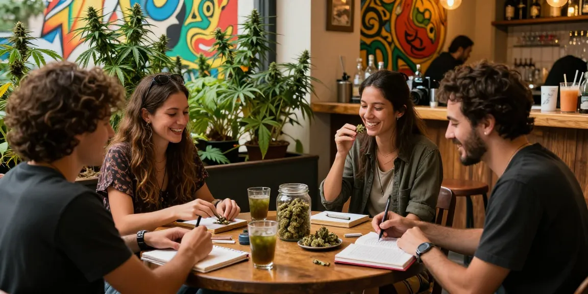 Clubs Cannabis Madrid scene with friends enjoying cannabis and sharing stories in a social atmosphere.