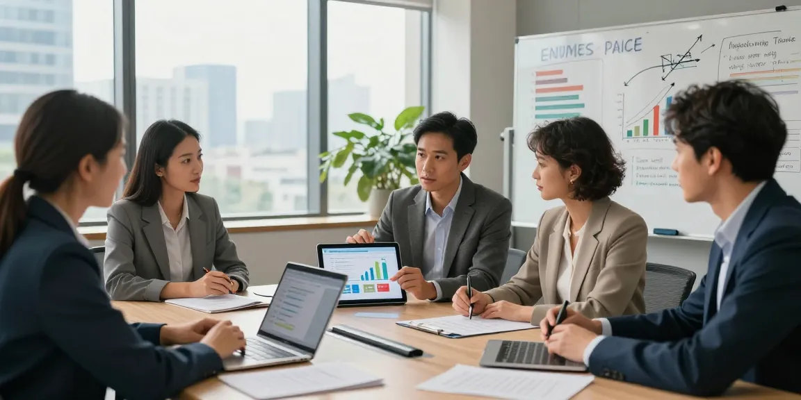 Consultants discussing business energy quotes in a modern office, showcasing teamwork and strategic insights.