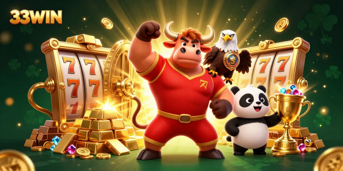 Engage with 33WIN featuring a bull mascot, eagle, and panda amidst vibrant slot games.