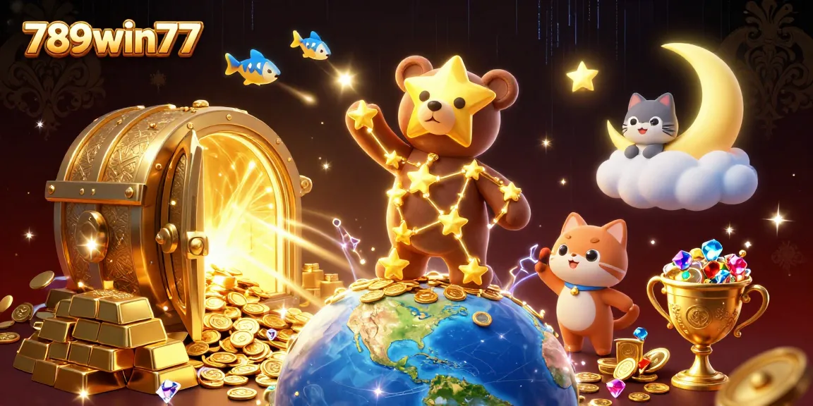 Scoop coins from Earth below with 789win77 constellation bear, surrounded by treasure and luck.