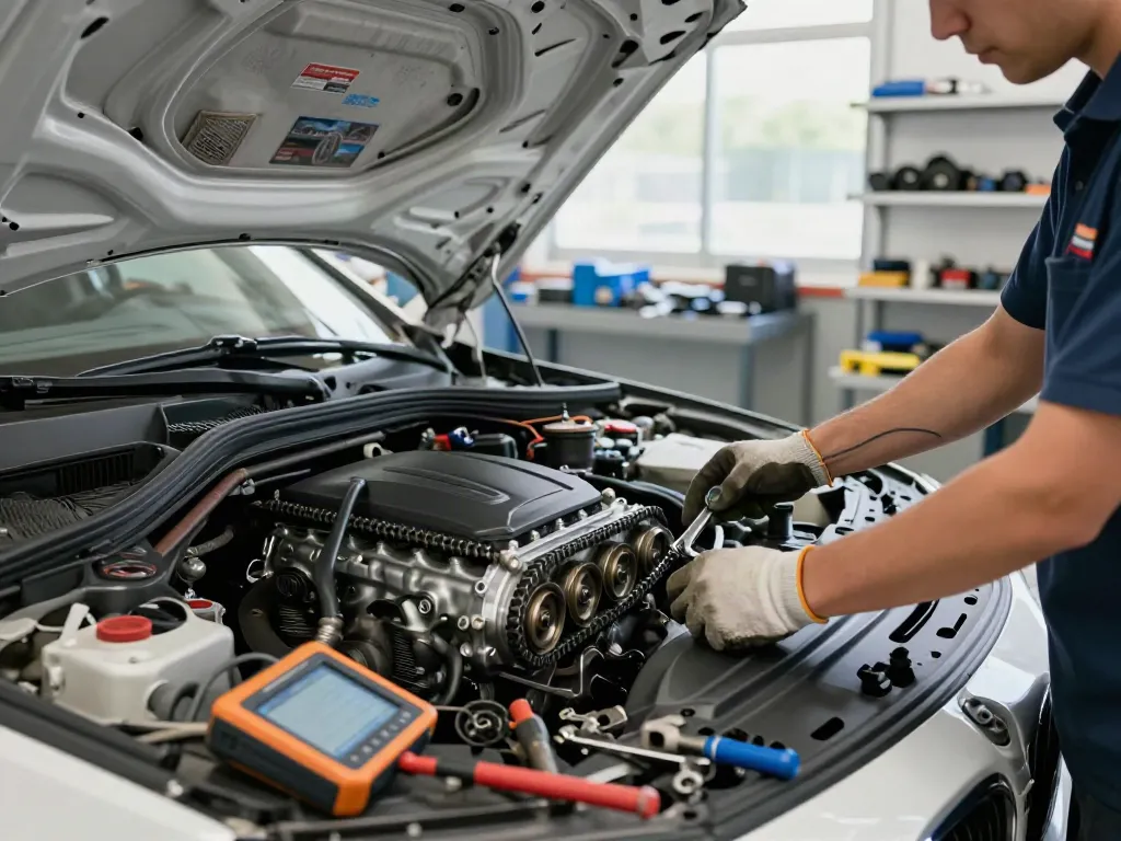 Mechaniker prüft die BMW Steuerkette in Werkstatt in Hannover