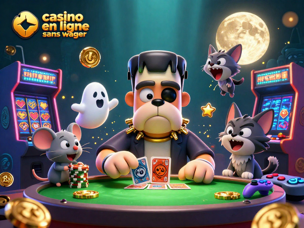Illustration d'un chien Frankenstein au casino en ligne sans wager avec une ambiance mystérieuse et des éléments de jeux