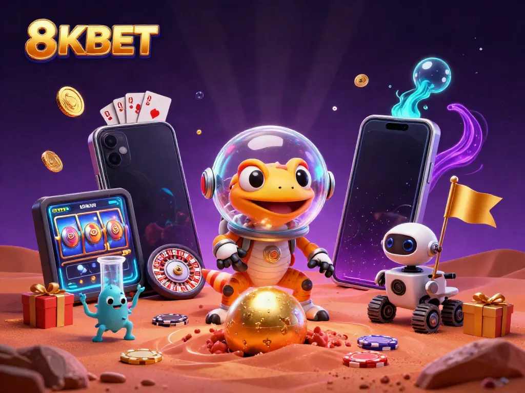 8KBET Martian gecko explores a golden casino on Mars, surrounded by gaming elements and vibrant scenes.