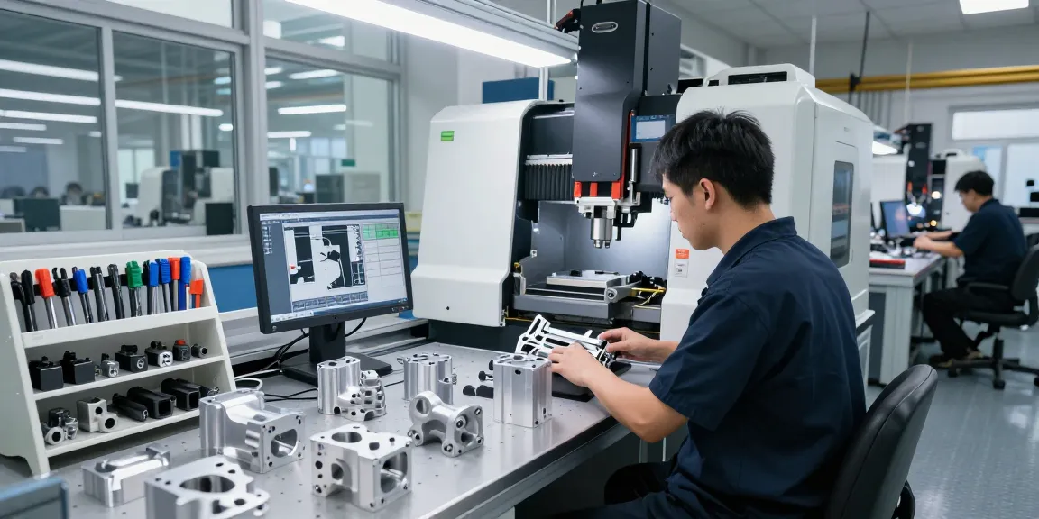 CNC Machining China: Technician operating CNC machine, showcasing precision manufacturing process in a modern workshop.