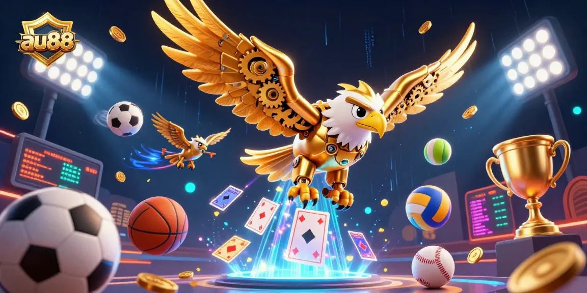 Engage with au88's dynamic gaming world featuring a golden eagle soaring with sports elements.