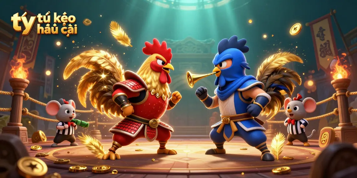 Stunning depiction of tỷ lệ kèo nhà cái with dynamic fighting roosters and golden elements.