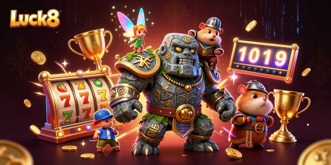 Experience thrilling gaming with Luck8's jackpot spins and vibrant casino elements in a dynamic illustration.